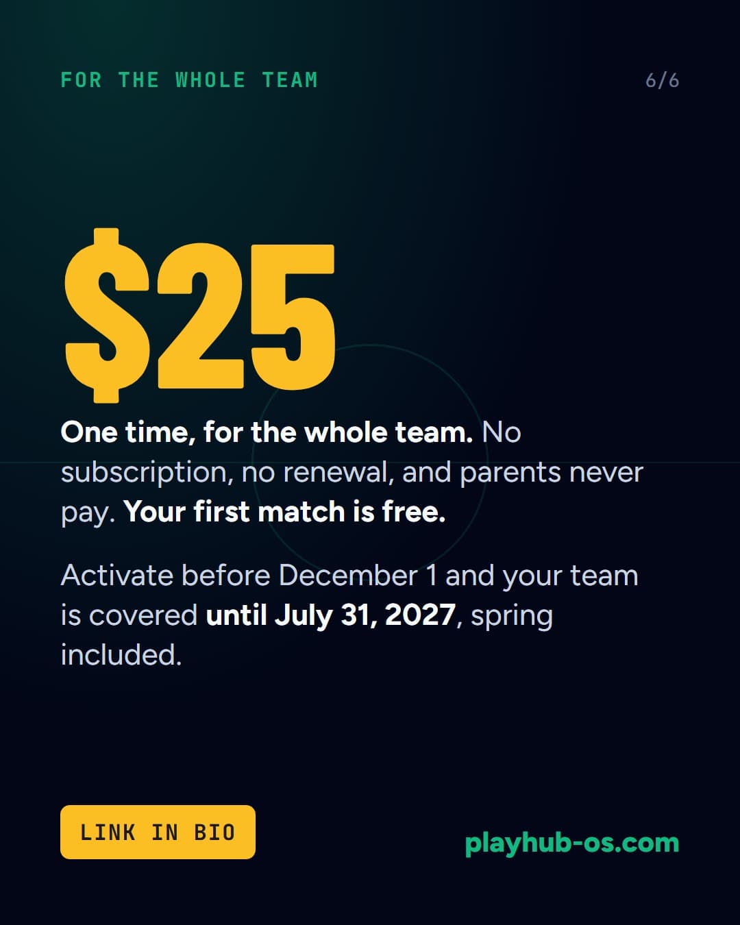 $25 for the whole team, one time. No subscription, parents never pay, and your first match is free.