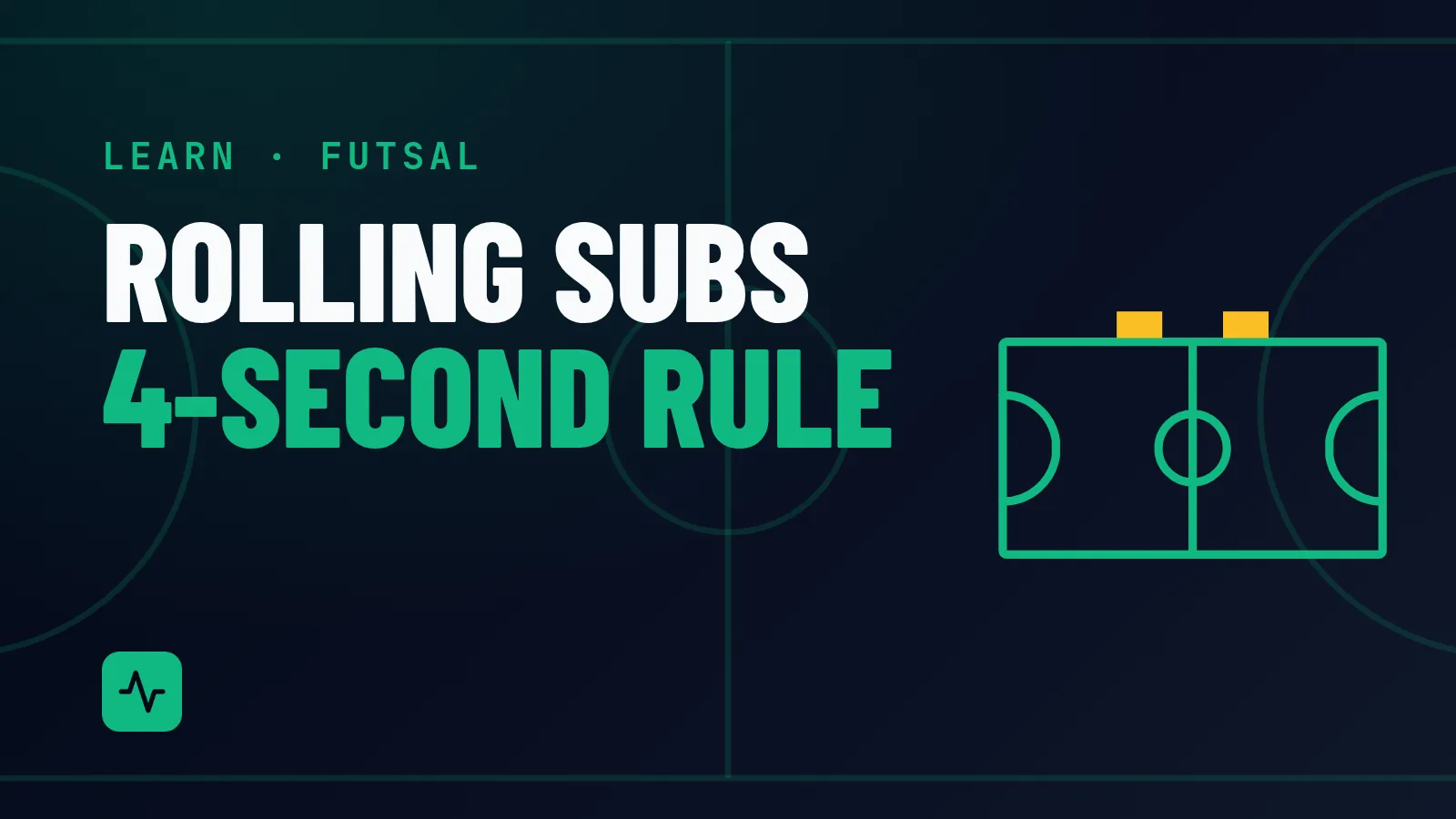 Futsal Rolling Substitutions and the 4-Second Rule Explained. Diagram of a futsal court with the penalty areas and the two substitution zones marked on one touchline.