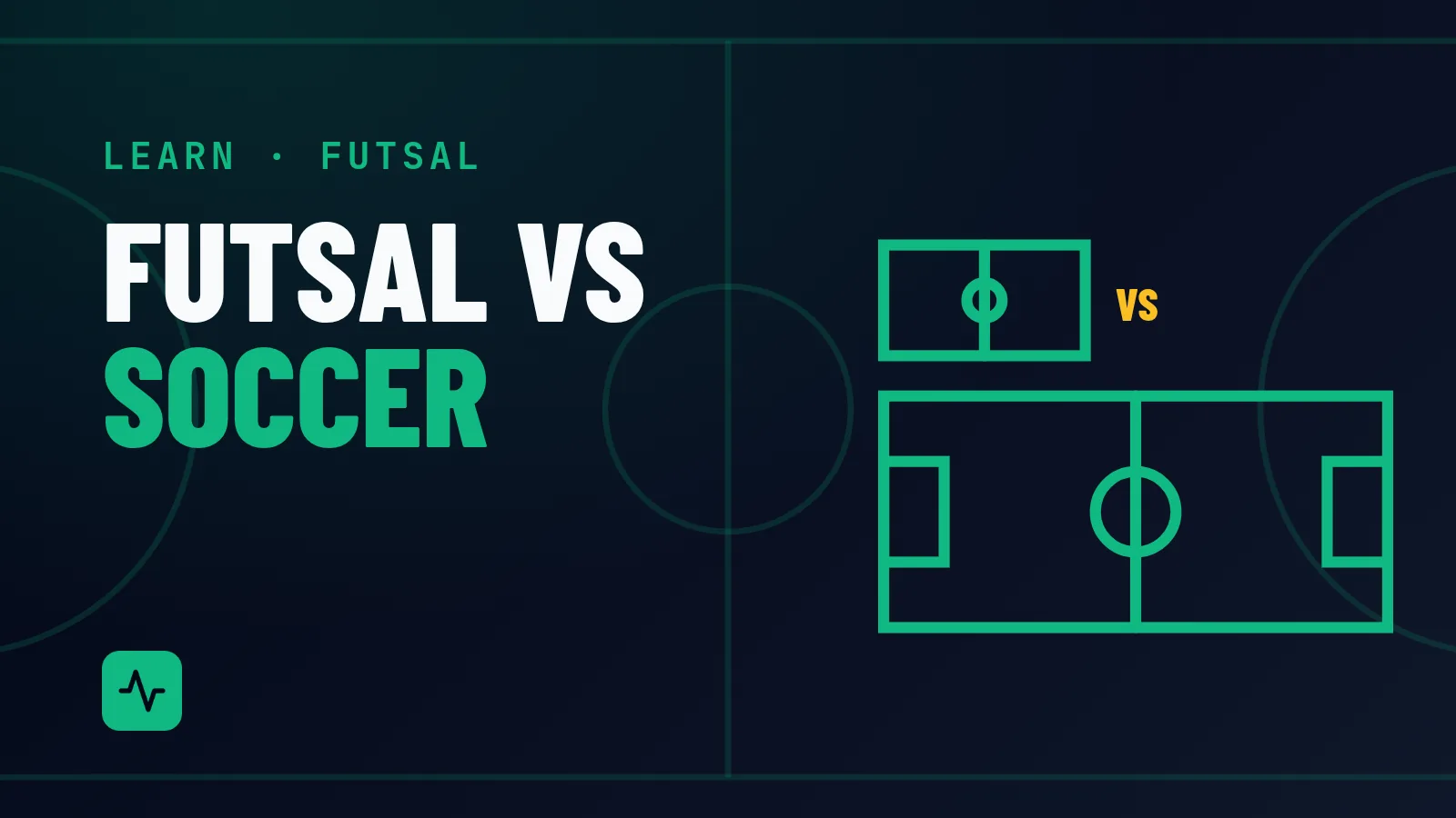 Futsal vs Soccer: Ball, Court, Players and Rule Differences. Diagram comparing a small futsal court outline with a larger soccer pitch outline.
